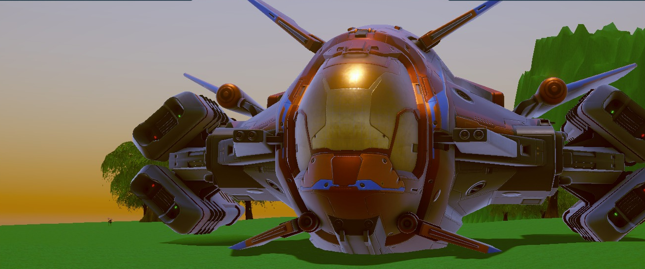 Render 3D de nave futurista naranja de Silica — entorno de exploración científica
